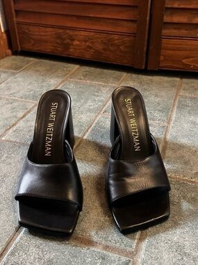 Stuart Weitzman Black Leather Slide Mules